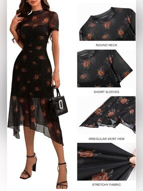 Black Rose-Print High-Low Sheer Dress